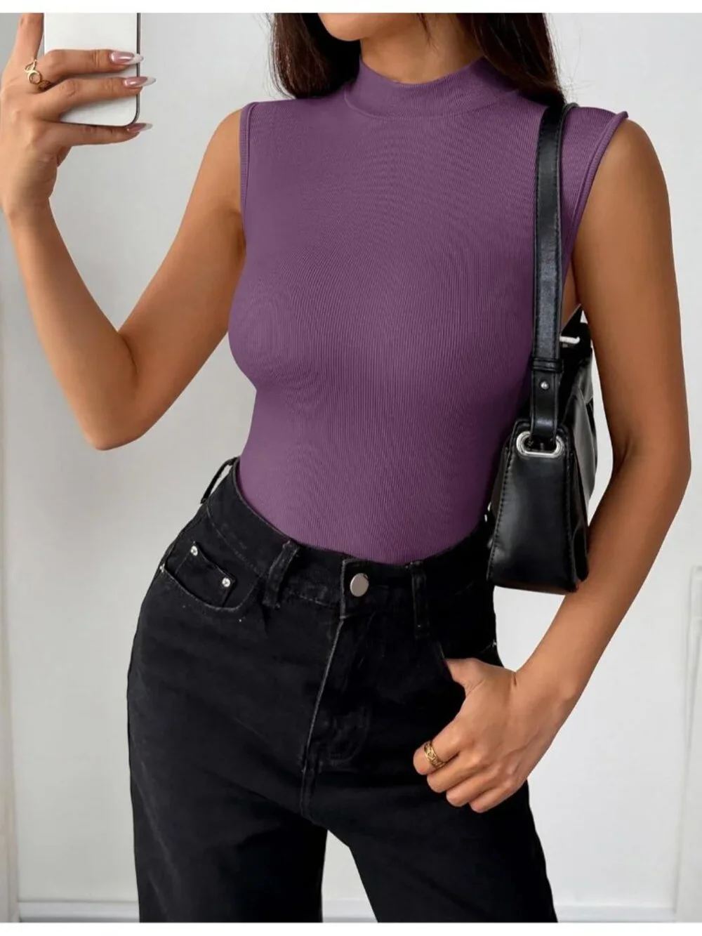 Women's Dark Purple Short Sleeveless Mock Turtleneck Pull On Imported Tank Top